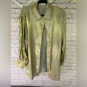 Selina Canada 80s Glam Metallic Liquid Gold Long Sleeve Collar One Button Top L